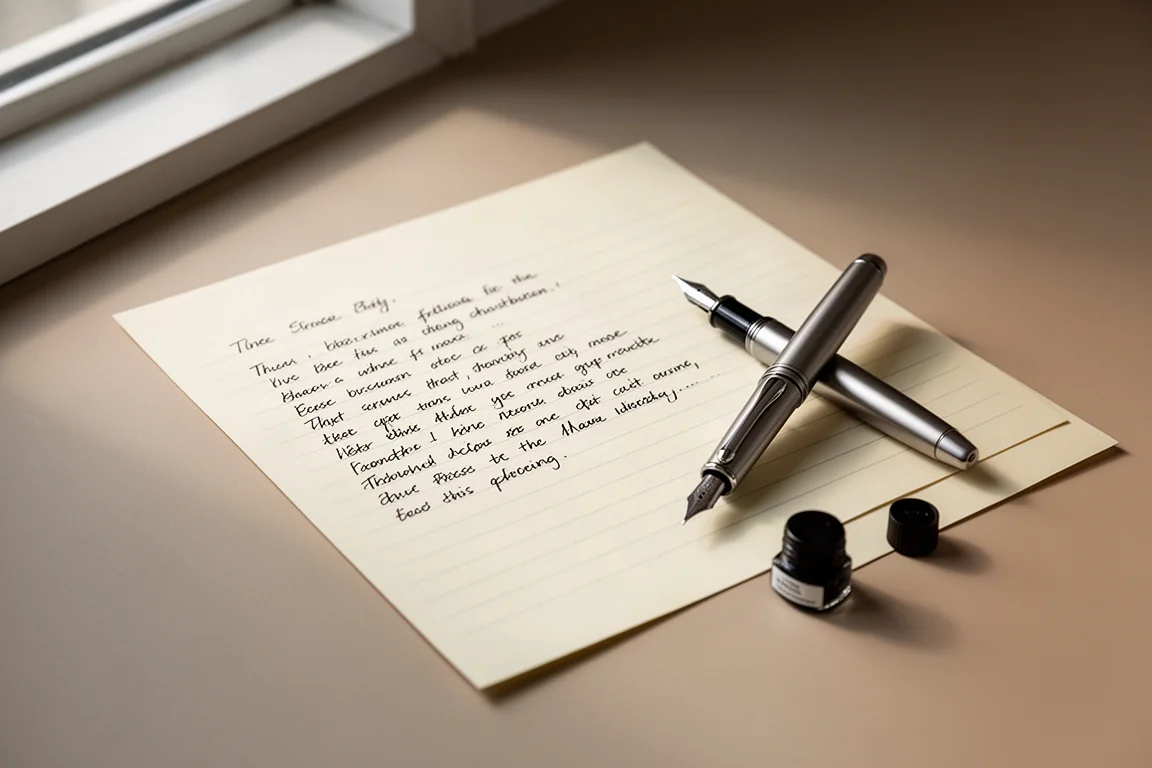 Handwritten writing sample on cream paper beside a compact fountain pen