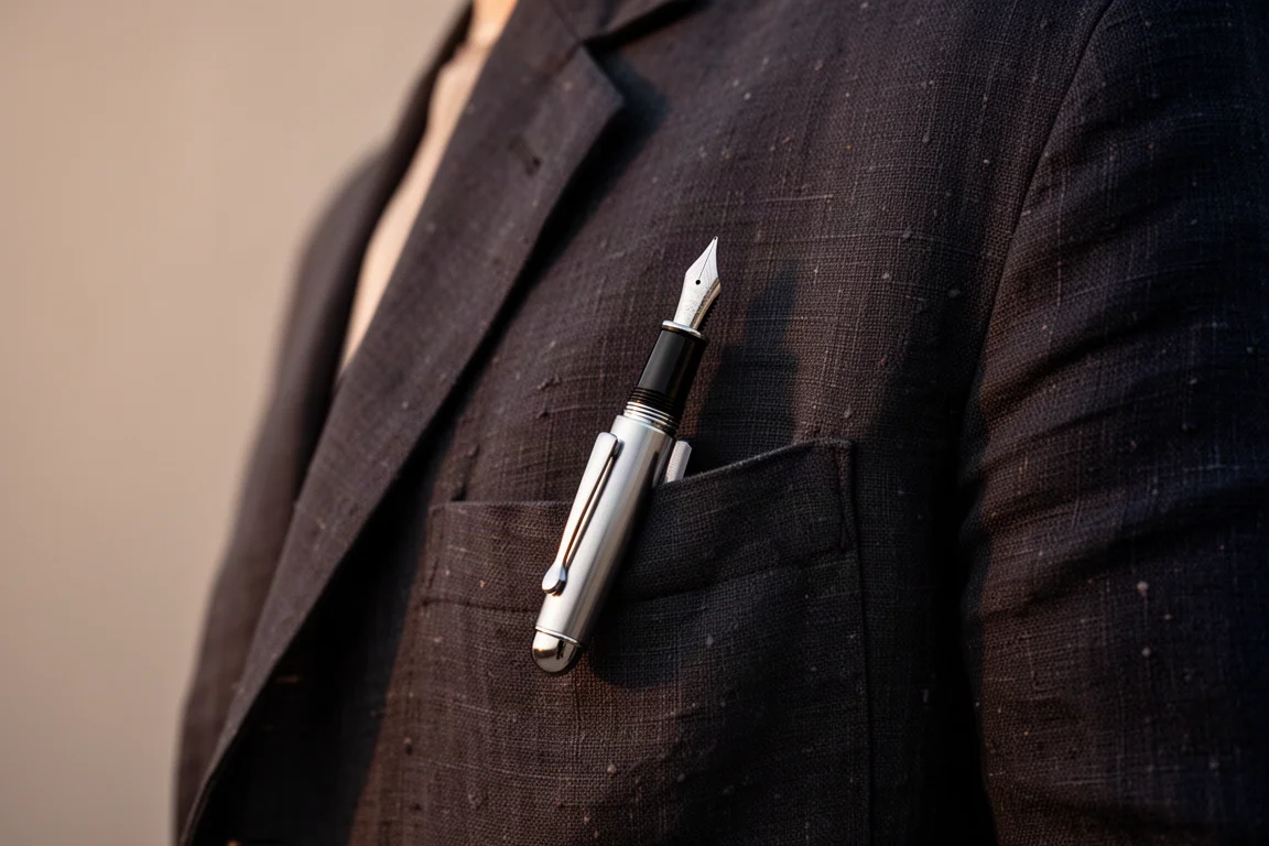 Small pocket pen tucked into a jacket pocket in soft evening light