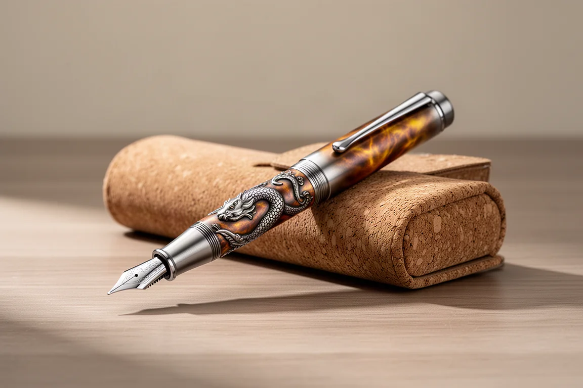 Fountain pen tascabile compatta in titanio con incisione appoggiata su una fodera in sughero