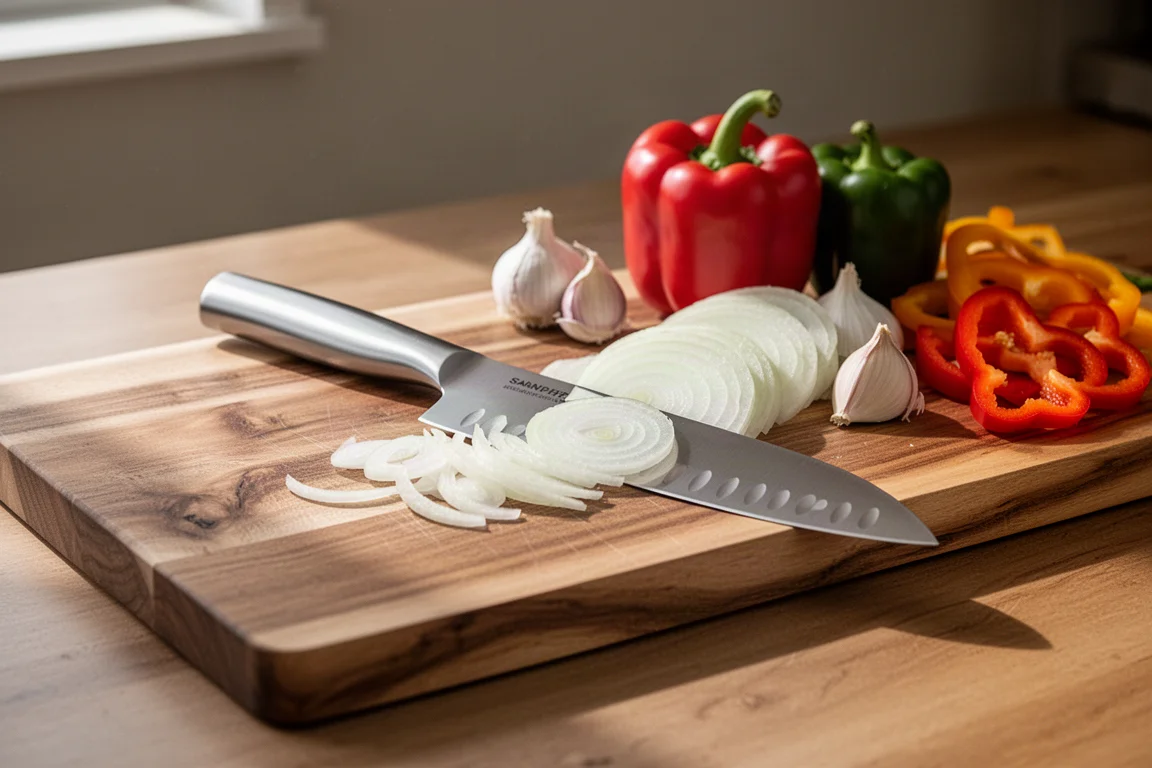 Santoku-Messer auf einem hölzernen Schneidebrett neben frisch gehacktem Gemüse