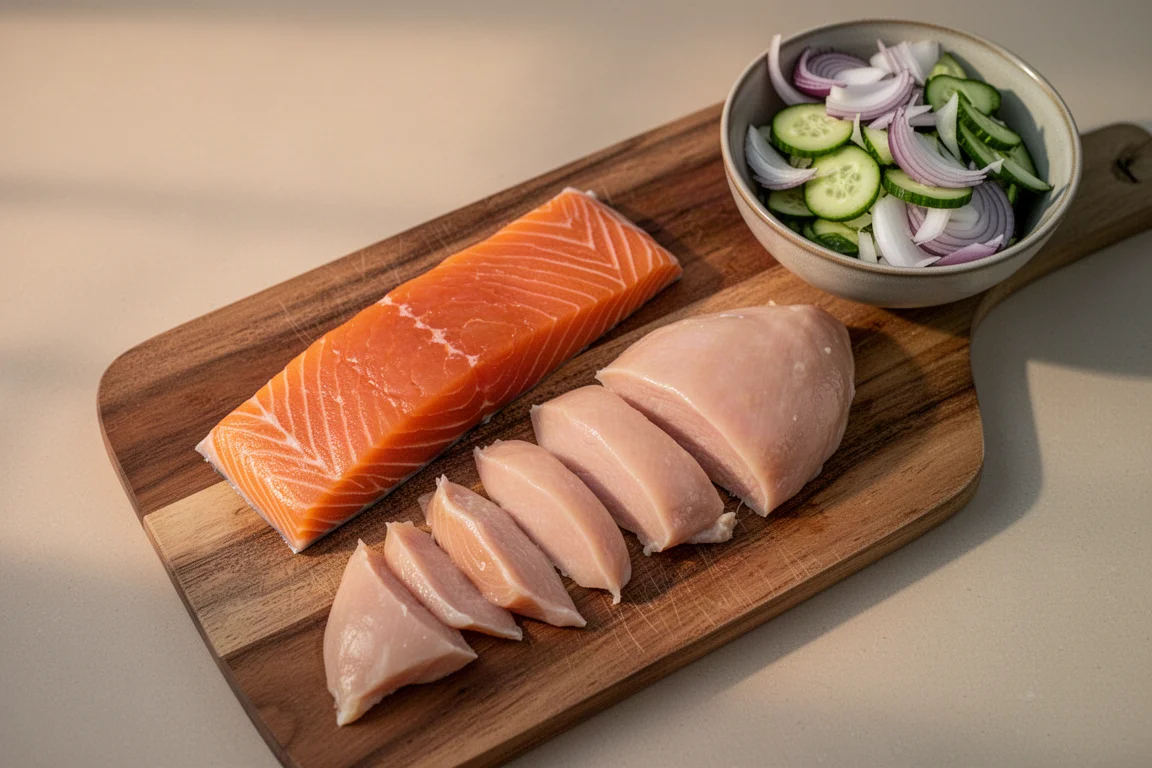 Geschnittene Lachs- und Hähnchenportionen auf einem Schneidebrett, bereit fürs Alltagskochen