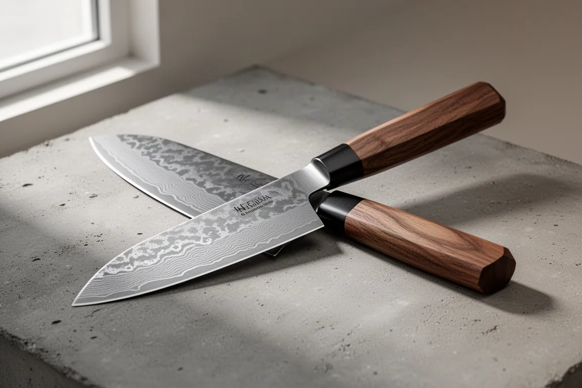 Shigeki Tanaka 165mm santoku with damascus blade and walnut octagonal handle on concrete surface
