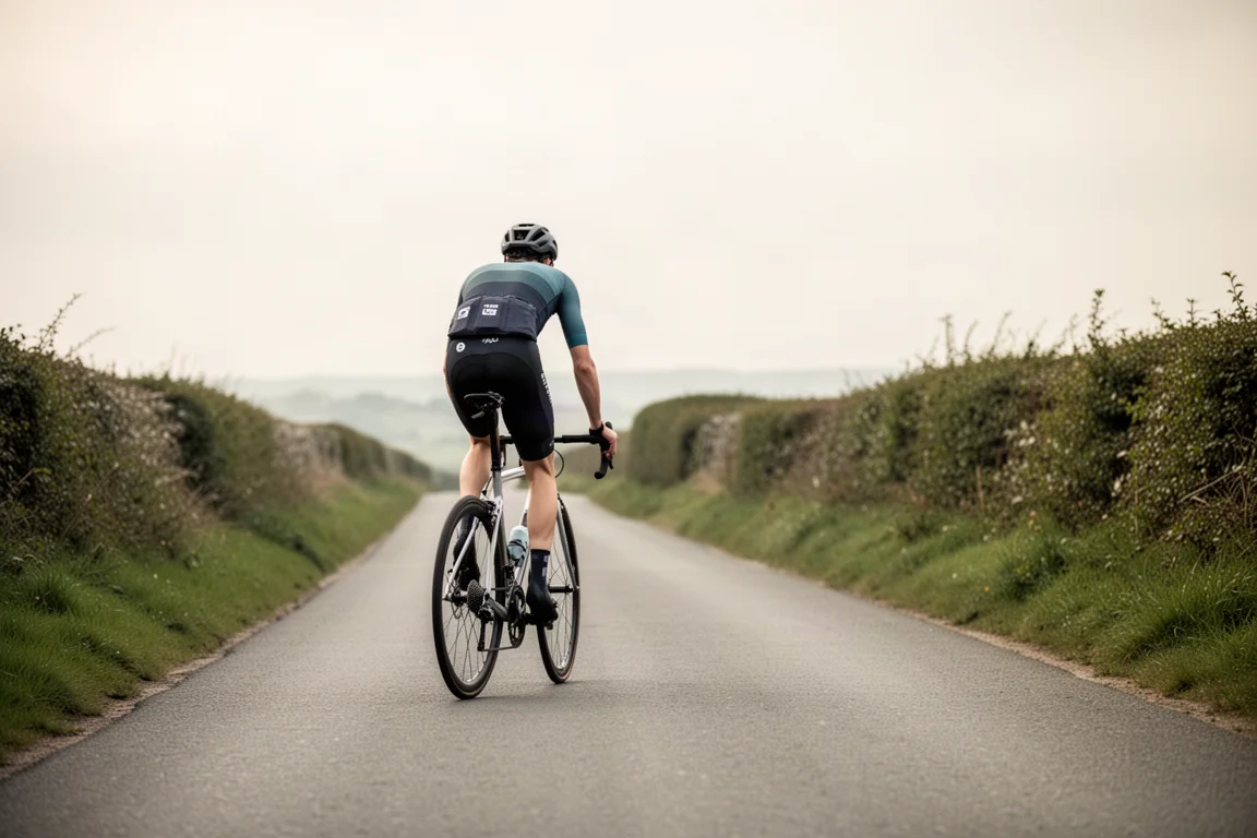 Road cyclist riding a modern road bike along an empty countryside lane at dawn