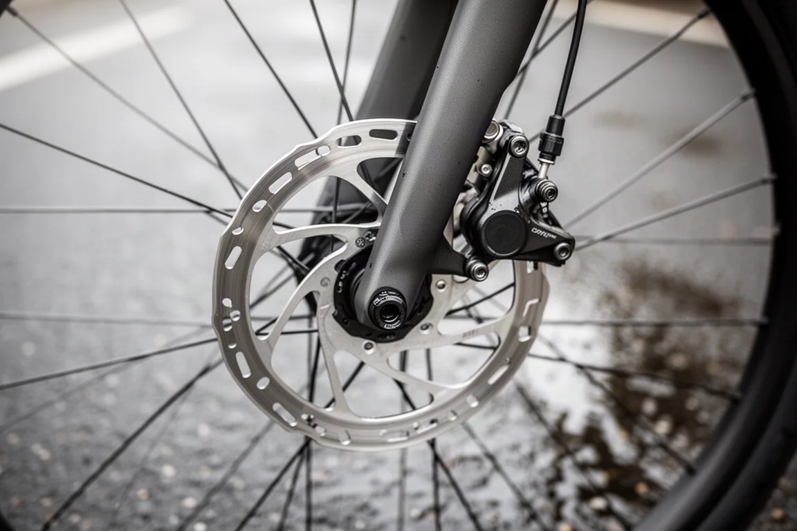 Disc brake rotor and caliper on a road bike wheel with wet tarmac behind