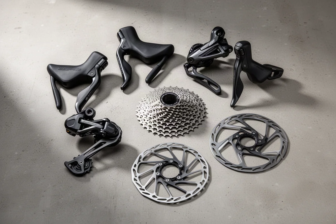 Electronic road bike groupset with levers, derailleurs and cassette on concrete
