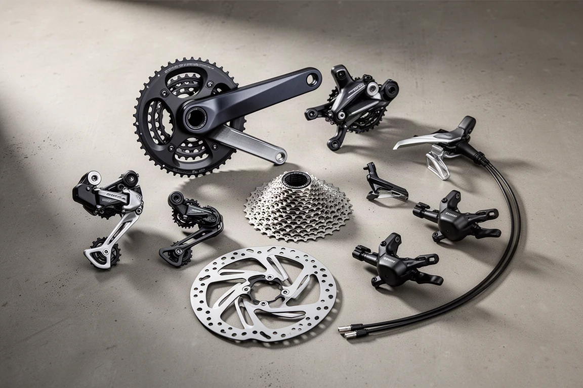 Componenti del gruppo per bici da strada Shimano 105 Di2 disposti su una superficie in cemento