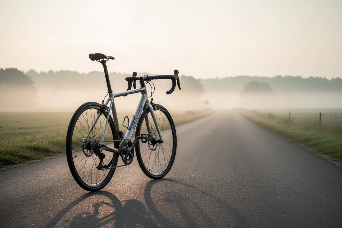 Ciclista su bici da strada su una tranquilla strada di campagna all'alba