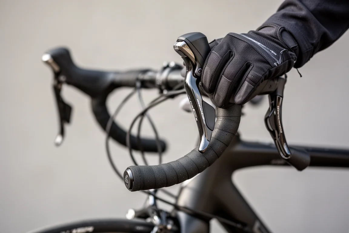 Primo piano del manubrio di una bici da strada, leve freno e passaggio del tubo idraulico
