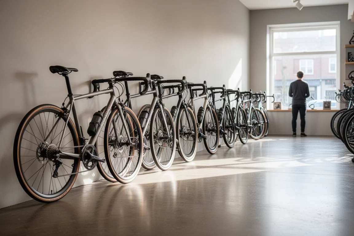 Fila di bici da strada allineate in un luminoso showroom minimalista