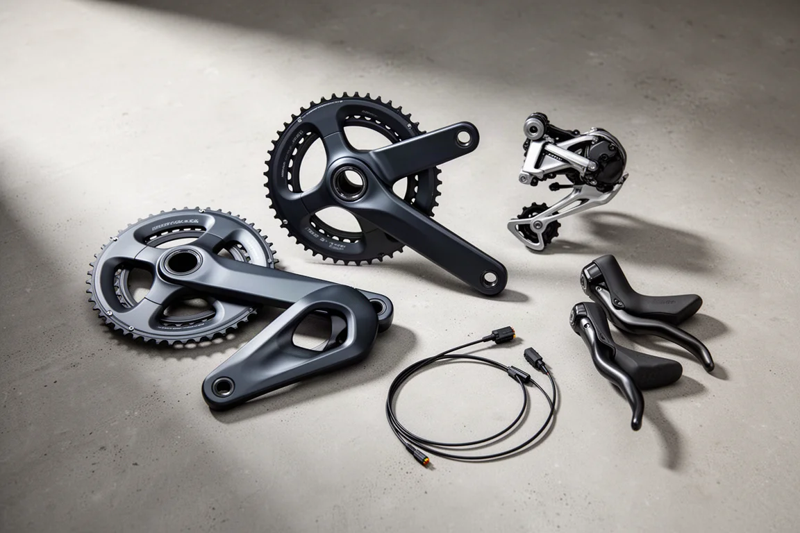 Shimano 105 Di2 groupset components laid out on a matte concrete surface