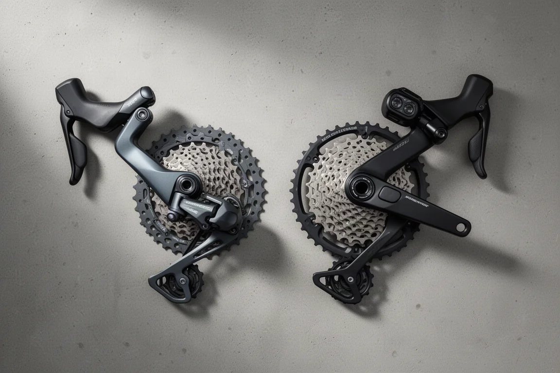 Twee elektronische groepsets voor racefietsen naast elkaar op een betonnen ondergrond