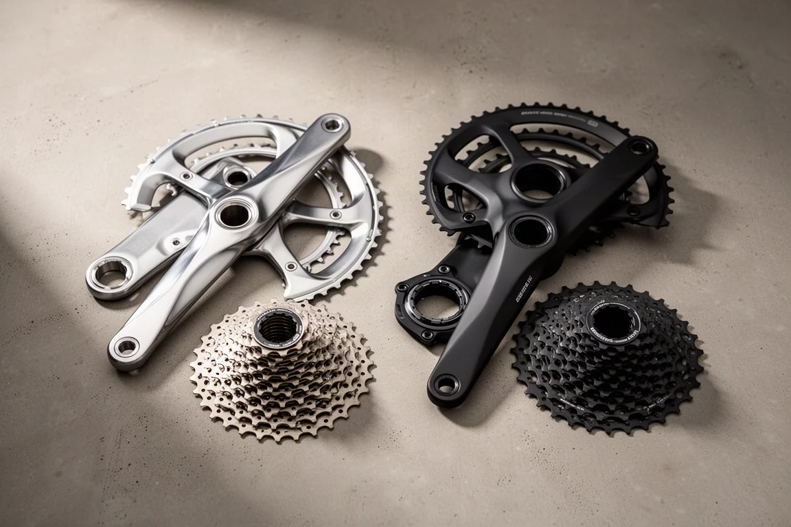 Polished silver crankset and matte black compact crankset laid out side by side on concrete