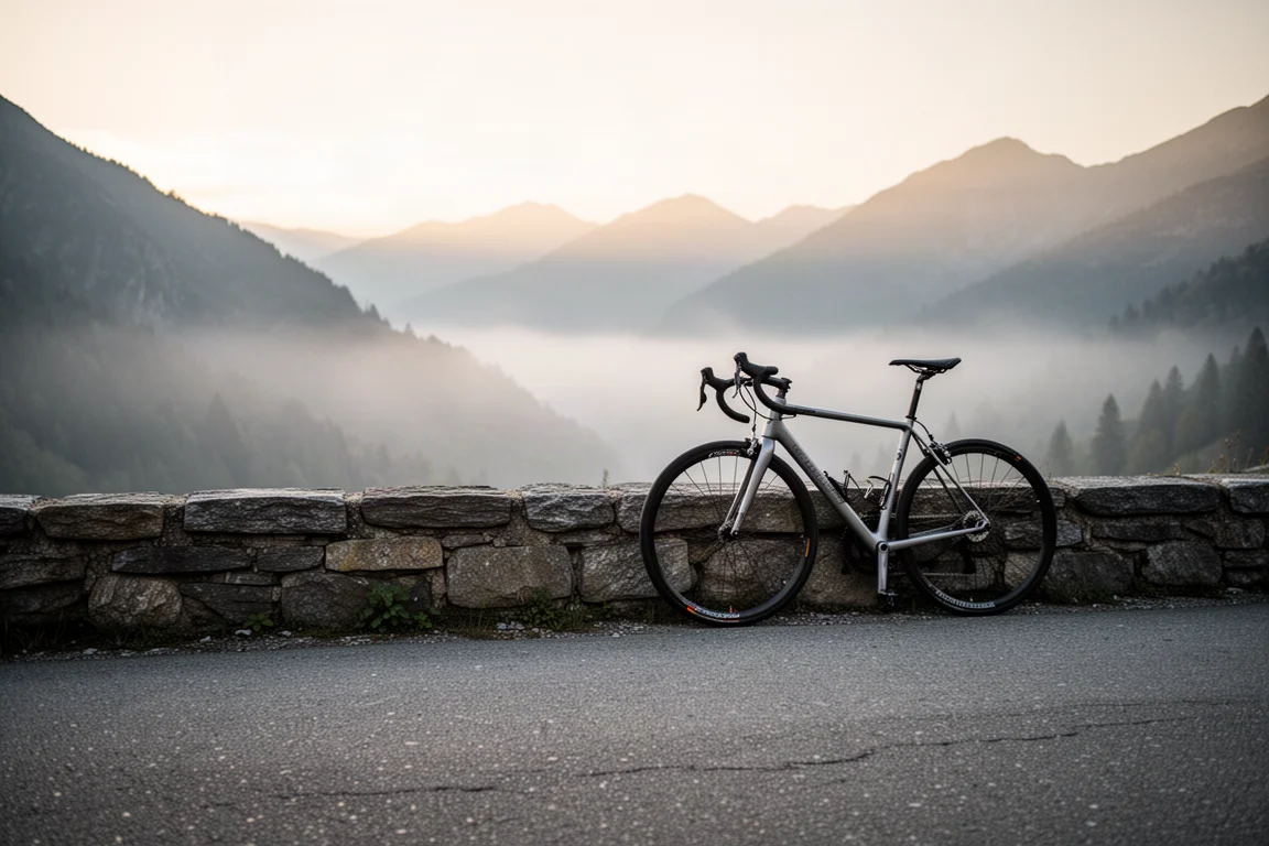 Bici da strada appoggiata su un passo di montagna tranquillo all'alba con nebbia nella valle