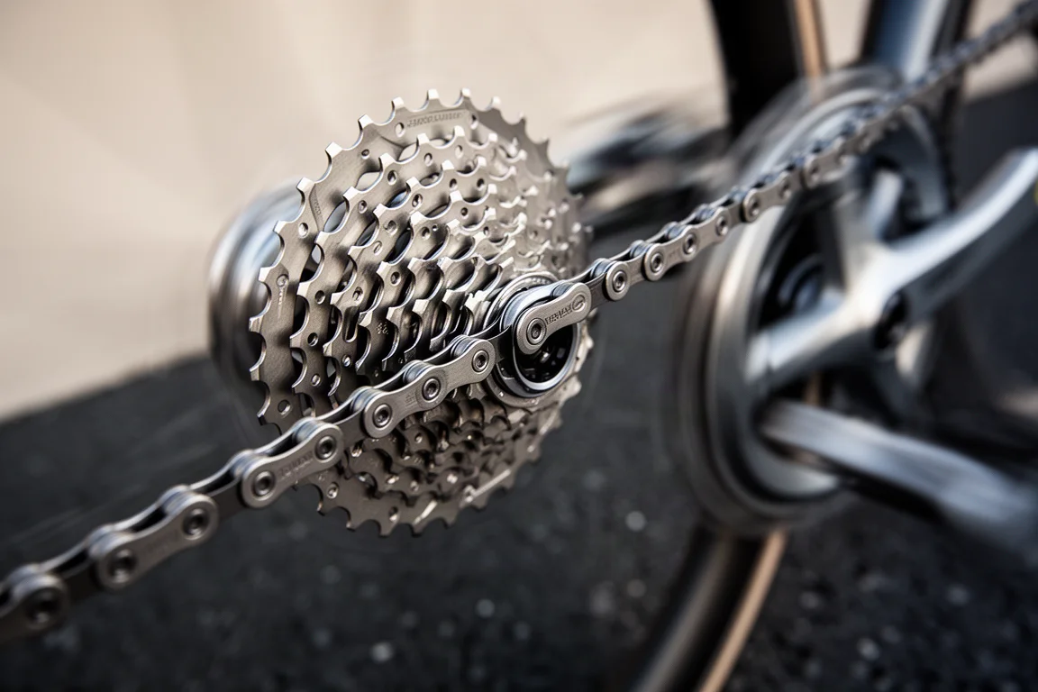 Dettaglio macro di una catena di bicicletta che scorre su una cassetta posteriore