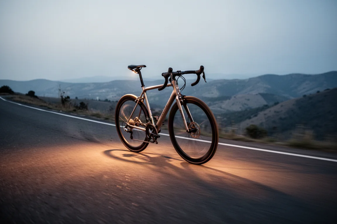 Bici da strada in curva su una discesa scorrevole al crepuscolo con ruote mosse dal movimento