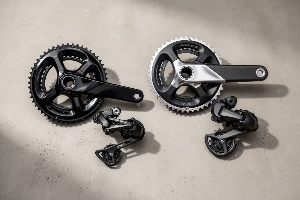 Due gruppi elettronici da bici da strada disposti fianco a fianco su una superficie di cemento