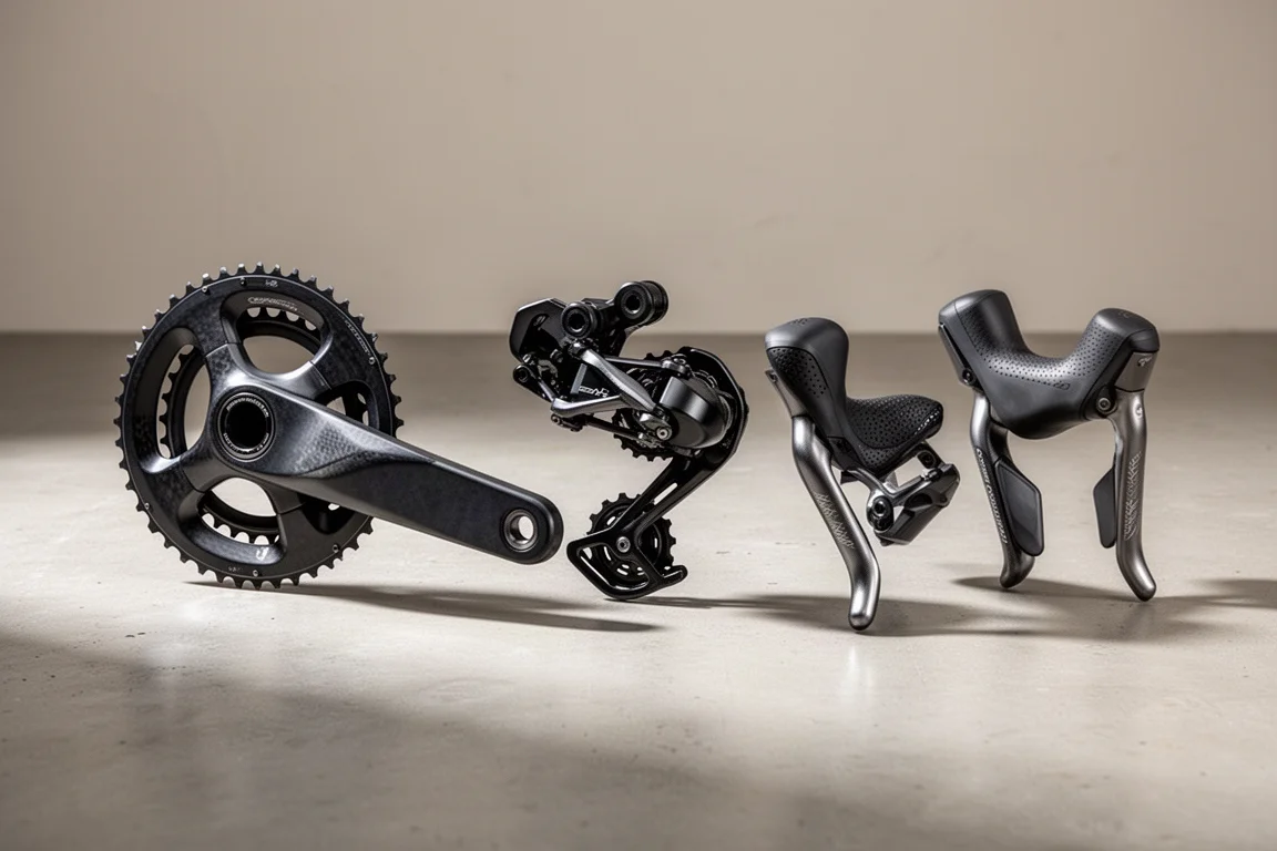 マットなコンクリート面に並べられた3つのShimanoロードグループセットコンポーネント