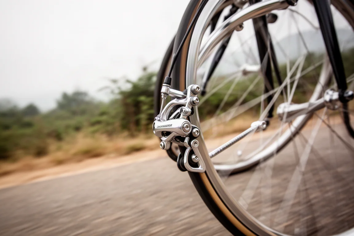 Felgenbremssattel, der bei einer Abfahrt an einem Rennrad die Felge greift