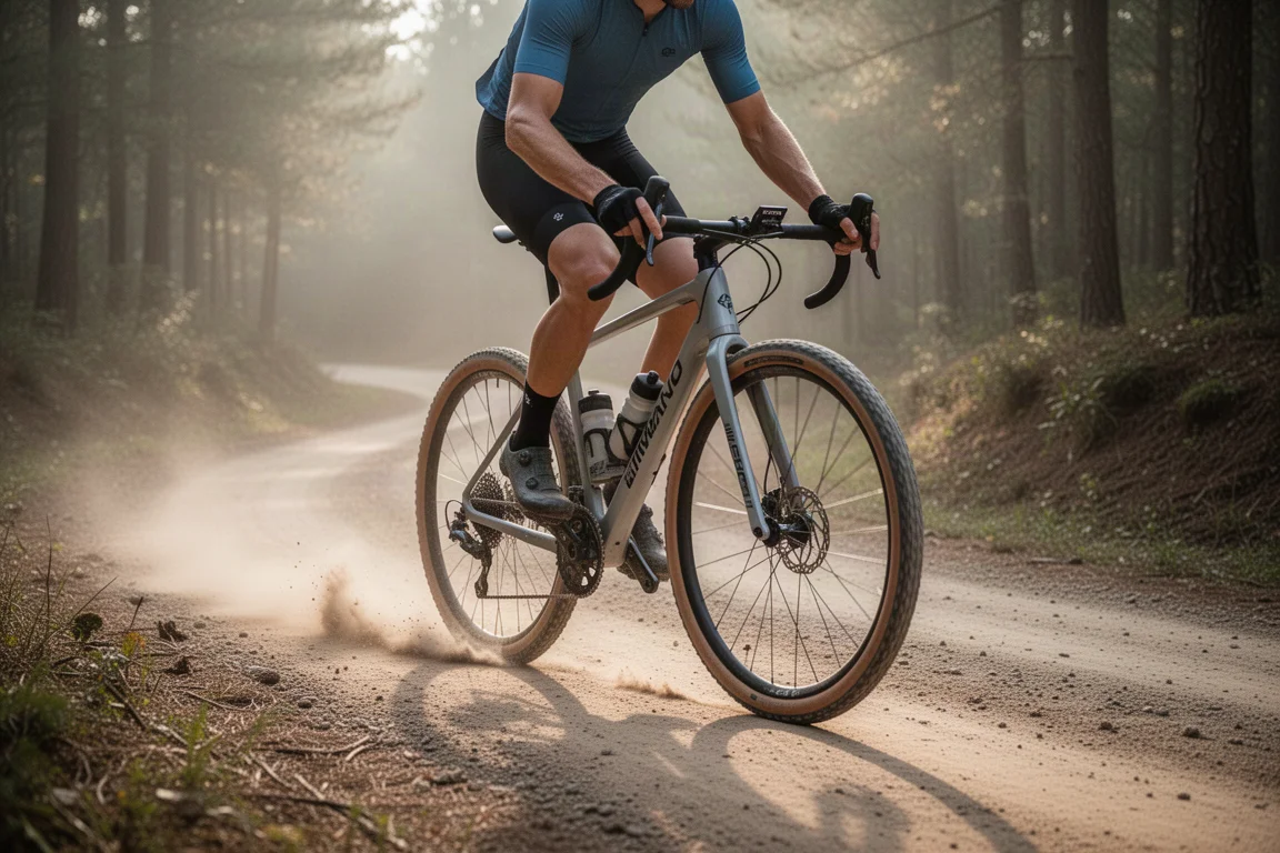 Gravel cyclist riding on a dirt road with Shimano GRX components