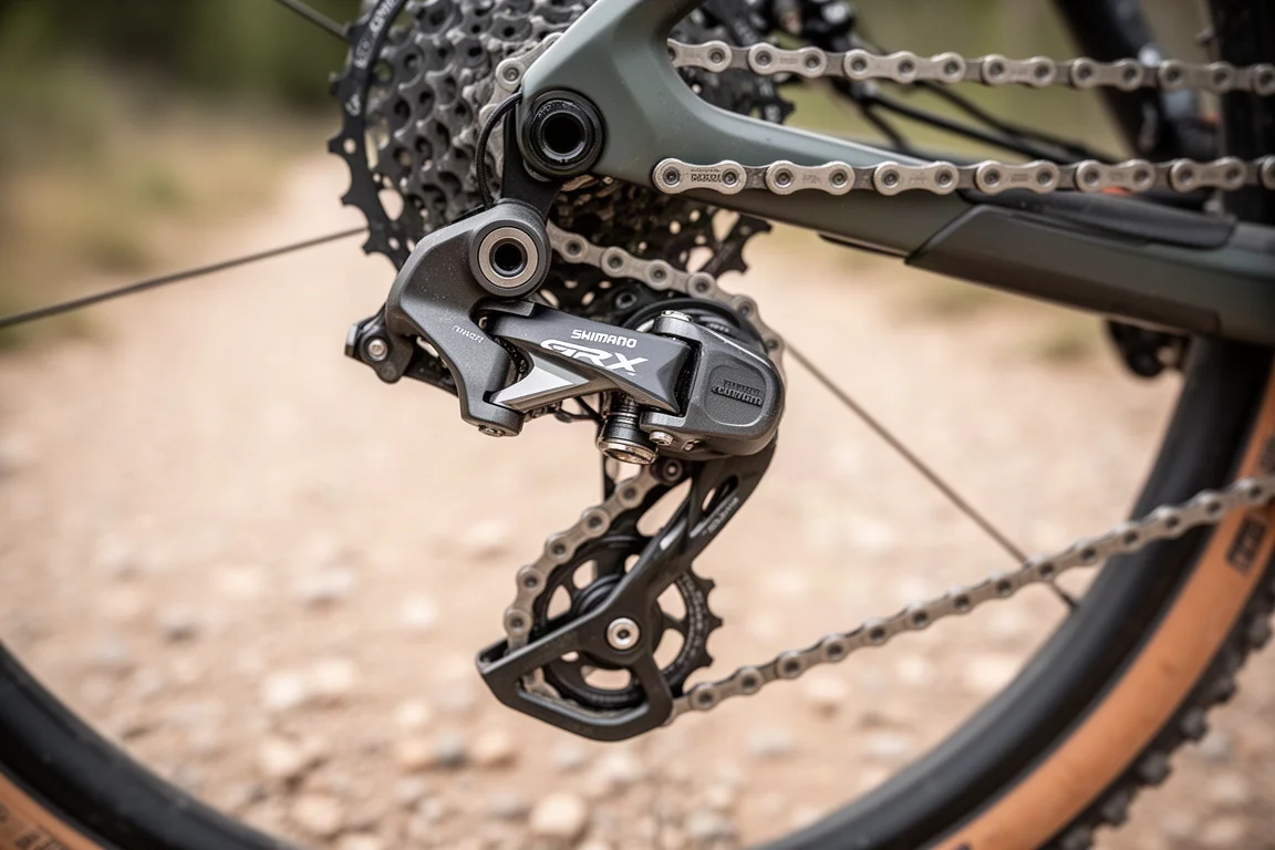 Close-up of Shimano GRX RX820 rear derailleur on a gravel bike