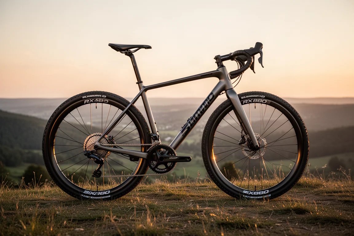Shimano RX880 carbon wheelset on a gravel bike at sunset