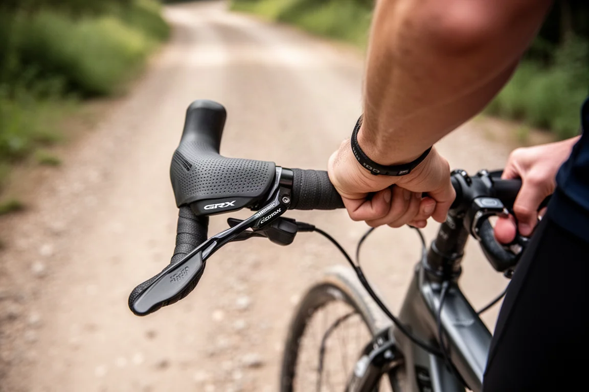 Cyclist adjusting gears on a gravel bike with Shimano GRX