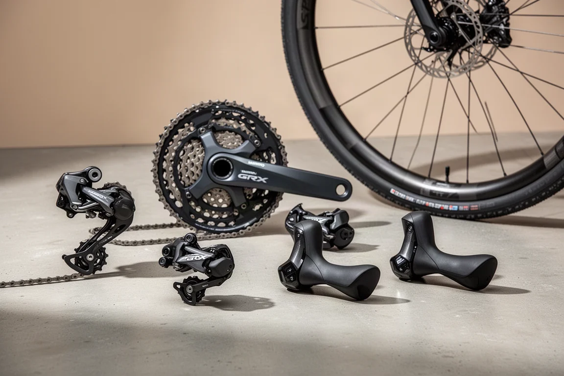 コンクリート上のShimano GRX 12速グループセットとRX880ホイールセットのコンポーネント