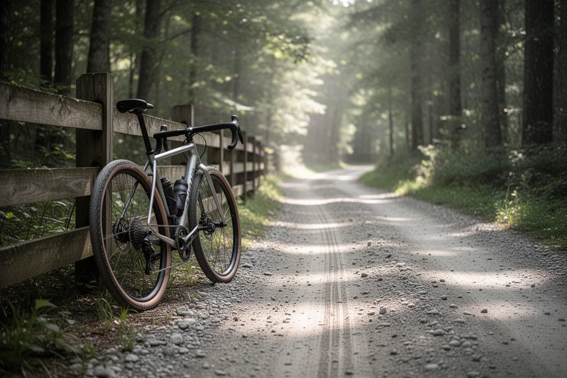 Bicicleta de gravel cargada con bolsas de bikepacking subiendo una pendiente pronunciada de grava suelta con luz dorada