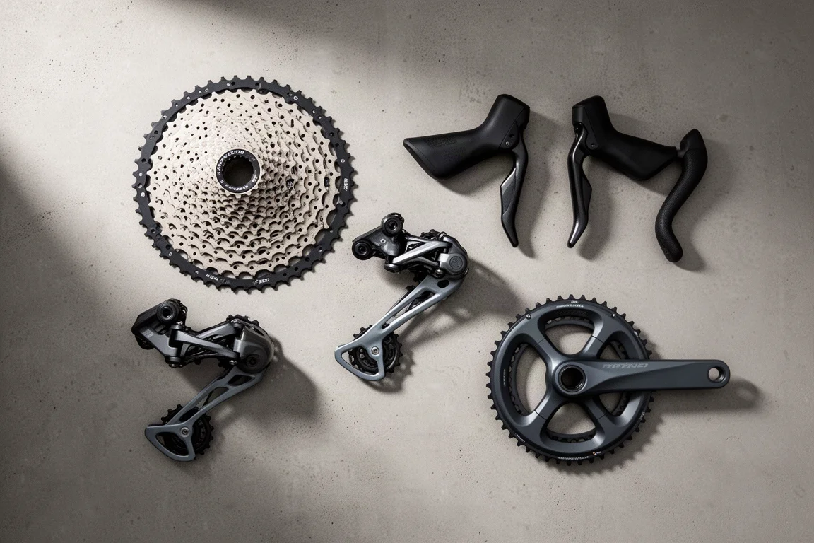 Mechanische groepsetonderdelen voor gravelfietsen gerangschikt op een mat betonoppervlak