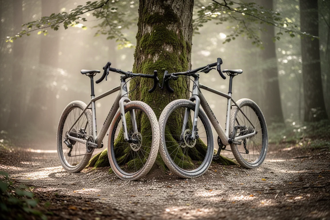 Due bici da gravel appoggiate l'una all'altra su un sentiero nel bosco prima di un giro di confronto