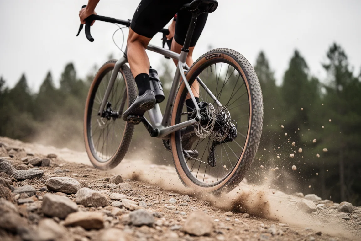 Ciclista che cambia marcia su una salita gravel con la polvere sollevata dalla ruota posteriore