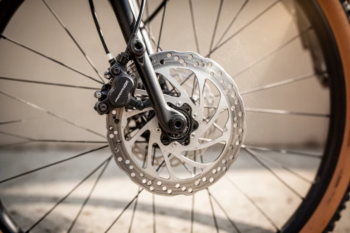 Primo piano di un rotore e di una pinza a disco idraulico sulla ruota di una bici da gravel