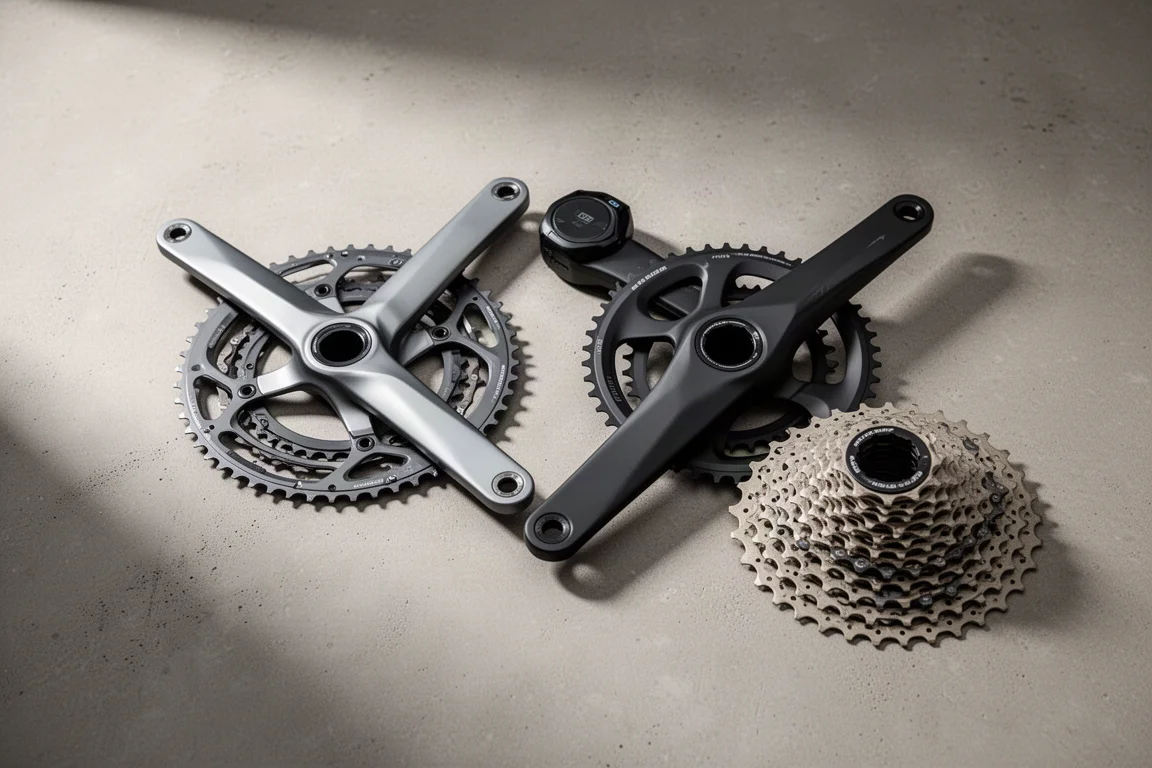 2つのグラベルバイク用ドライブトレイン、メカニカルなダブルチェーンリングクランクセットと電動シングルチェーンリングクランクセットを並べて配置