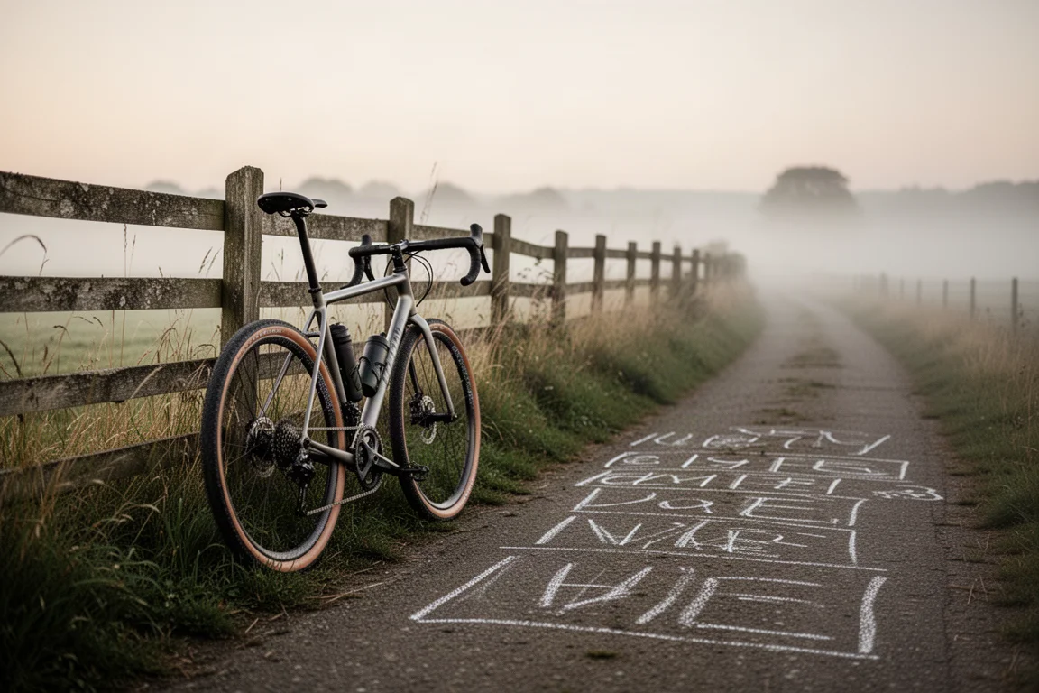 Gravelrijder op een fiets met een verbreed stuur rijdt bij zonsopkomst over een onverhard pad