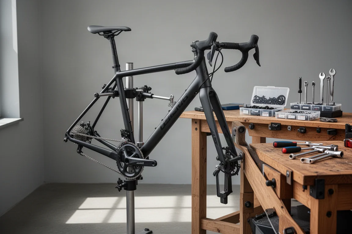 Close-up van een gravelbike-aandrijflijn en cassette onder het stof tijdens een rit
