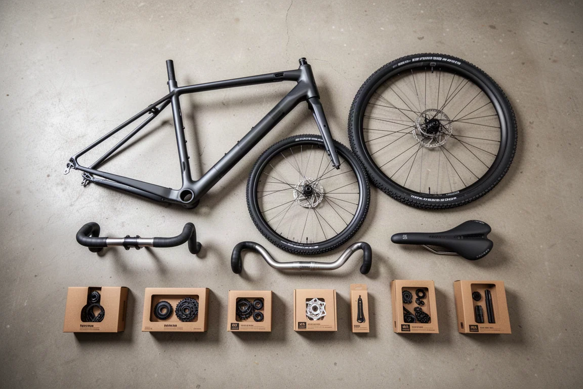 Gravelfiets tegen een werkbank met uitgestalde onderdelen en gereedschap