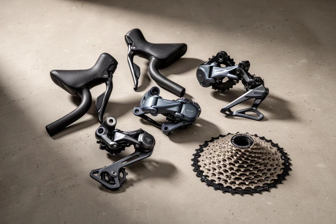 Gruppo elettronico per bici gravel disposto in flat-lay su una superficie in cemento