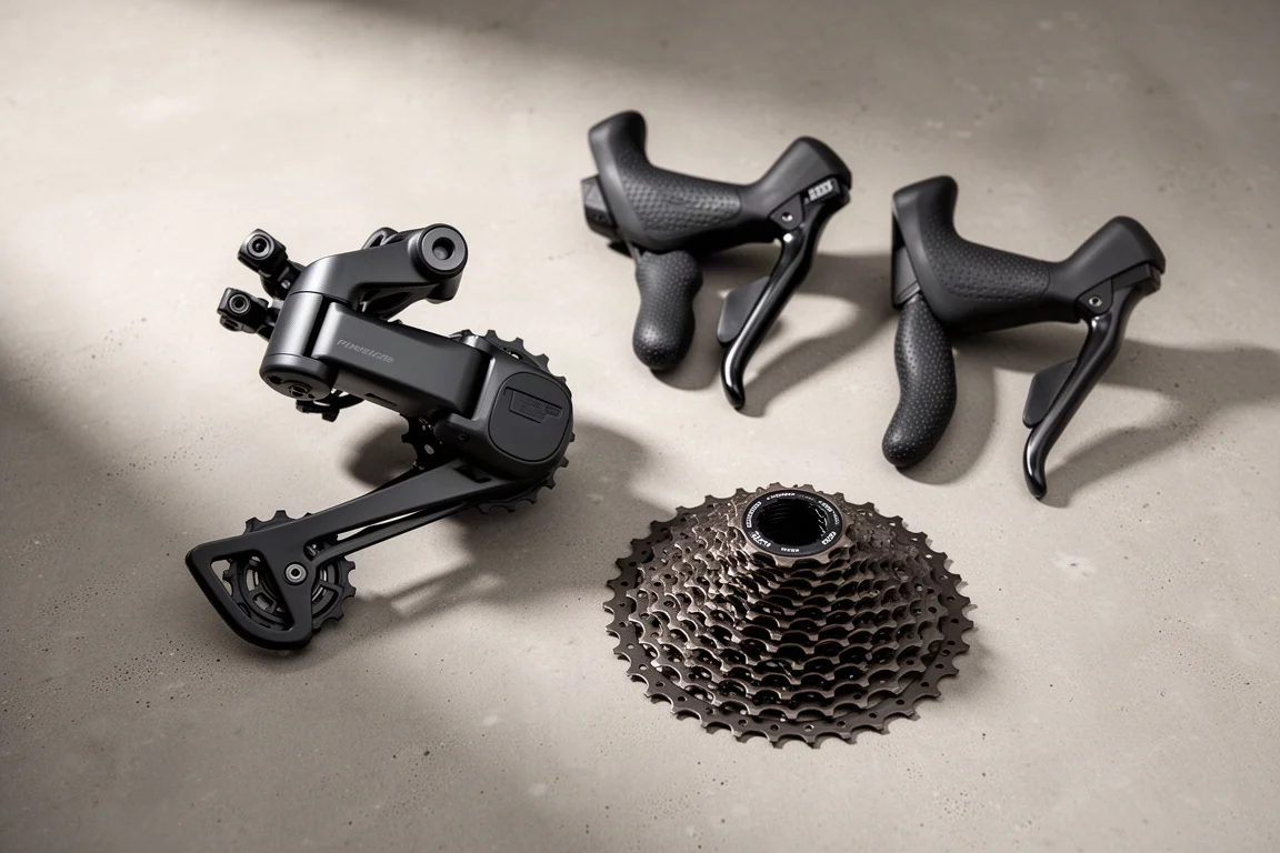 Draadloze gravelgroepset met achterderailleur, dropbarhendels en breedbereikcassette op beton
