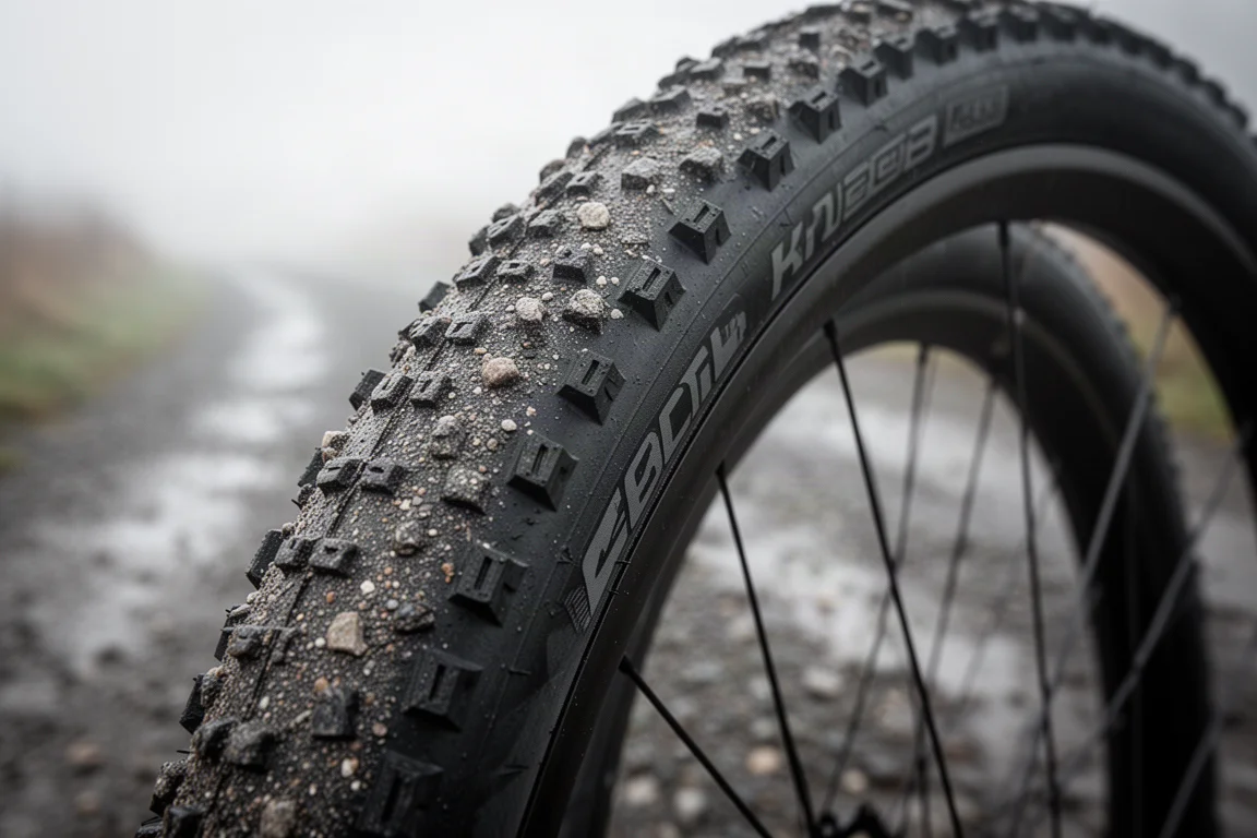 Nahaufnahme eines grobstolligen Gravelreifens auf einer breiten Felge mit sichtbarem Seitenwandprofil