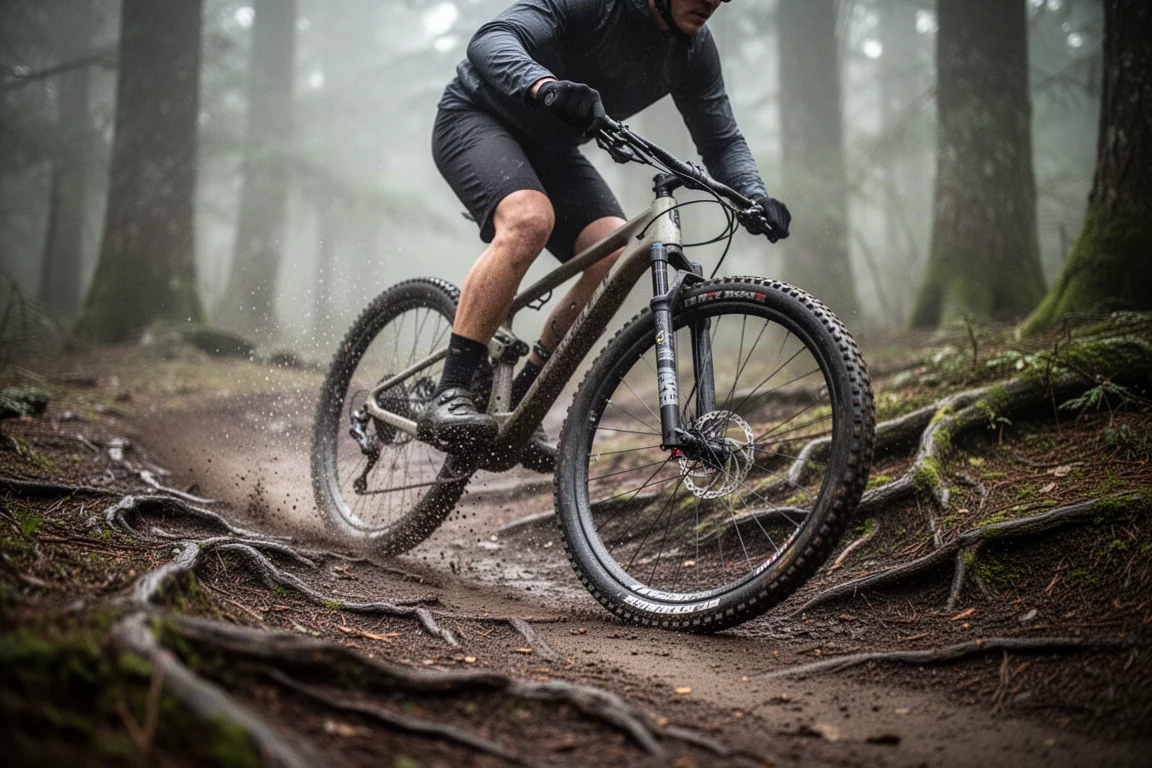 Gravelfahrer lehnt sich auf einem feuchten Singletrack-Trail stark in die Kurve