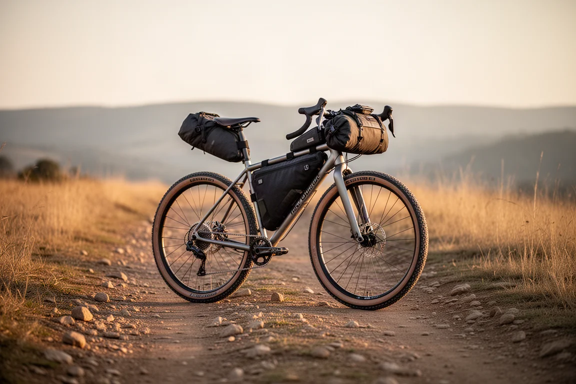Gravel bike loaded with bikepacking bags on a rough track at golden hour