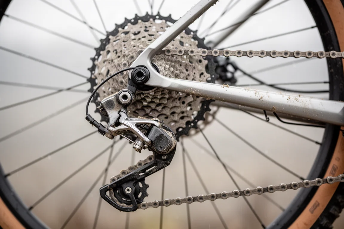Close-up of a rear derailleur and wide-range cassette on a dusty gravel bike