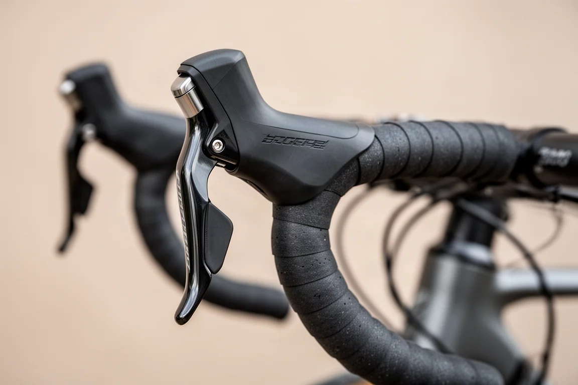 Mechanical drop-bar shifter body mounted on a flared gravel handlebar