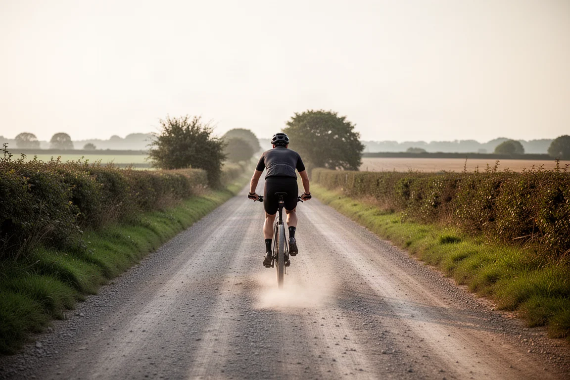 Gravel rider seen from behind on a long dirt road in soft daylight