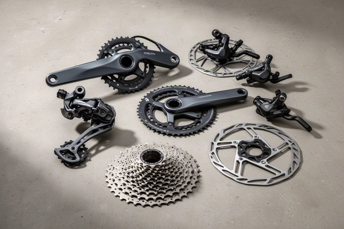Mechanische gravelgroepset van bovenaf met derailleur, crankstel, cassette, remklauwen en rotors