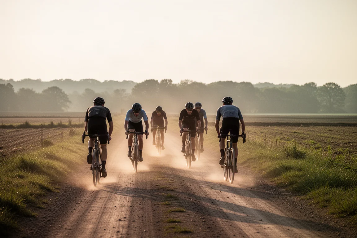 Gravelrijders op een losse zandweg in het gouden avondlicht met stof in de lucht