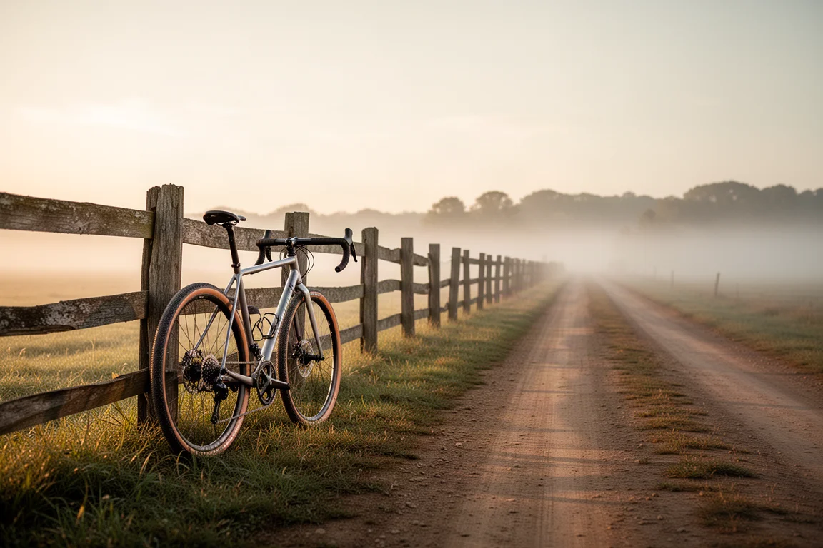Gravelfiets leunend tegen een houten hek naast een zandweg bij zonsopkomst