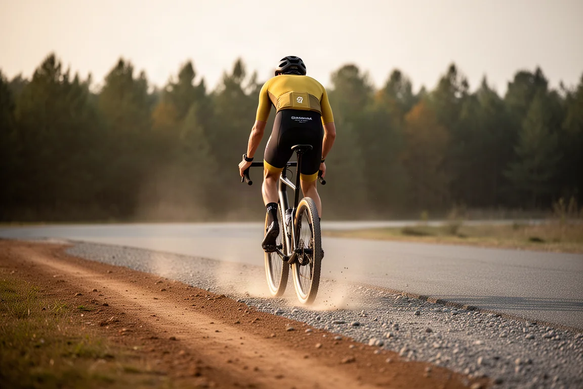 Gravel-Fahrer auf einem Weg, auf dem Asphalt in verdichtete Erde und loses Gestein übergeht