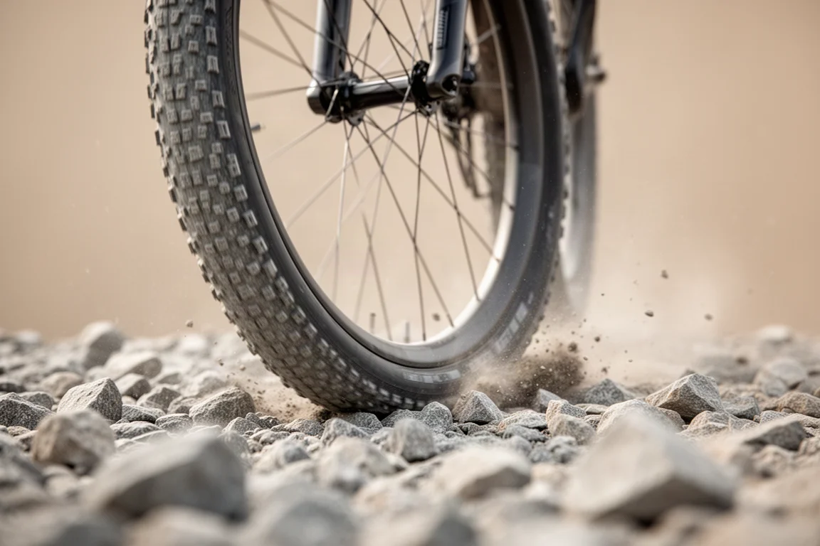 Froschperspektive auf ein Gravel-Laufrad, das durch lockeren grauen Kies rollt