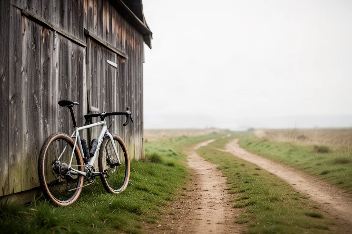 Gravel-Bike lehnt an einer verwitterten Holzscheunenwand, dahinter ein Feldweg